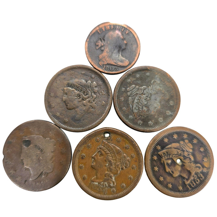 Lot of 6 Early U.S. Copper Large Cents & Half Cent 1800s Vintage Coins