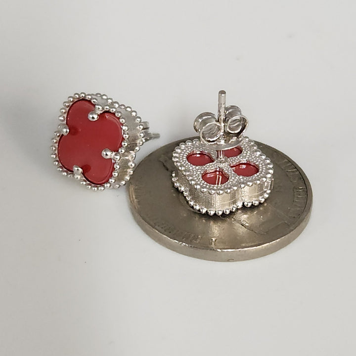 Fashion Silver Red Floral Stud Earrings