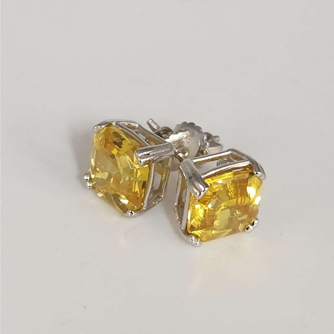 925 Sterling Silver Yellow Asscher Cut CZ stud Earrings