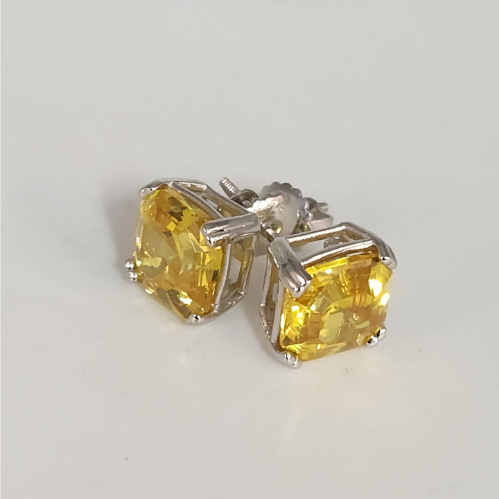 925 Sterling Silver Yellow Asscher Cut CZ stud Earrings
