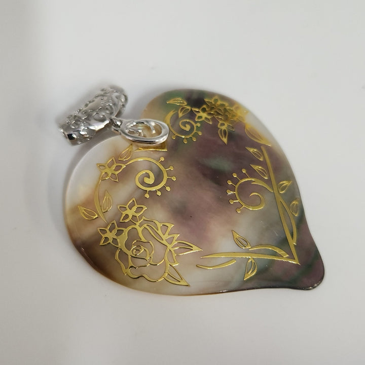 Artisan 925 Silver Mother Of Pearl Heart Pendant With Etched Floral Pattern