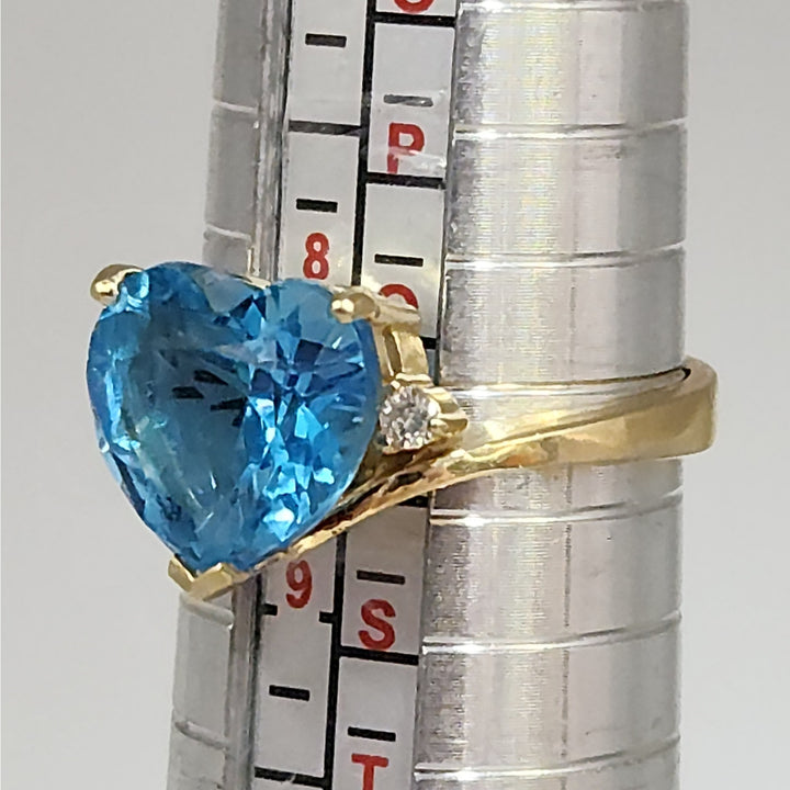 14k Yellow Gold Heart Cut Blue Topaz Ring With Diamond Accent