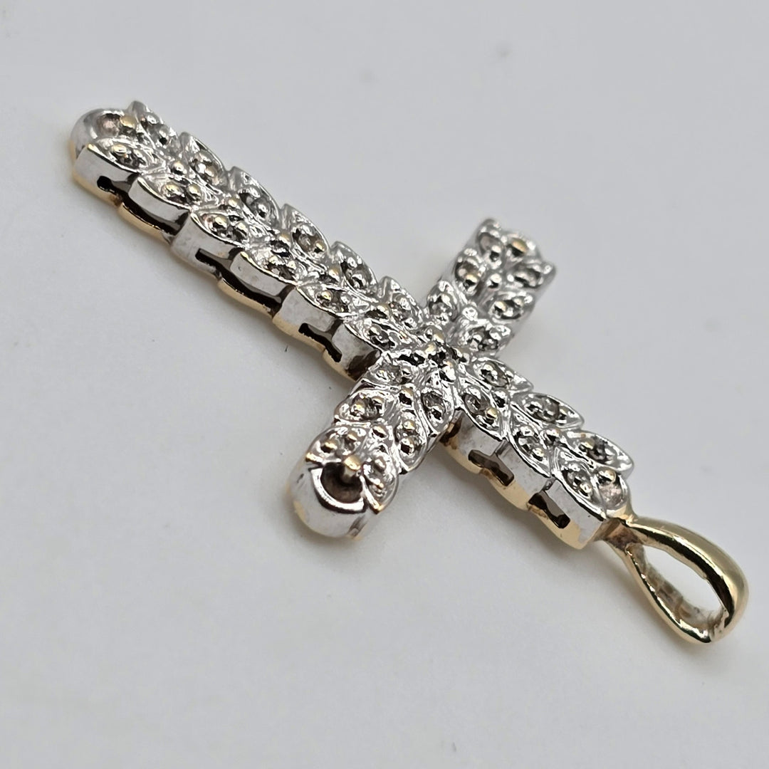 10K Yellow & White Gold Diamond Cross Pendant 2.2 Grams