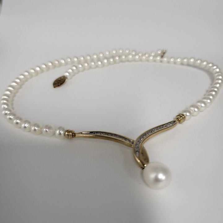 10k Yellow Gold Diamond With Pearls Necklace 18in