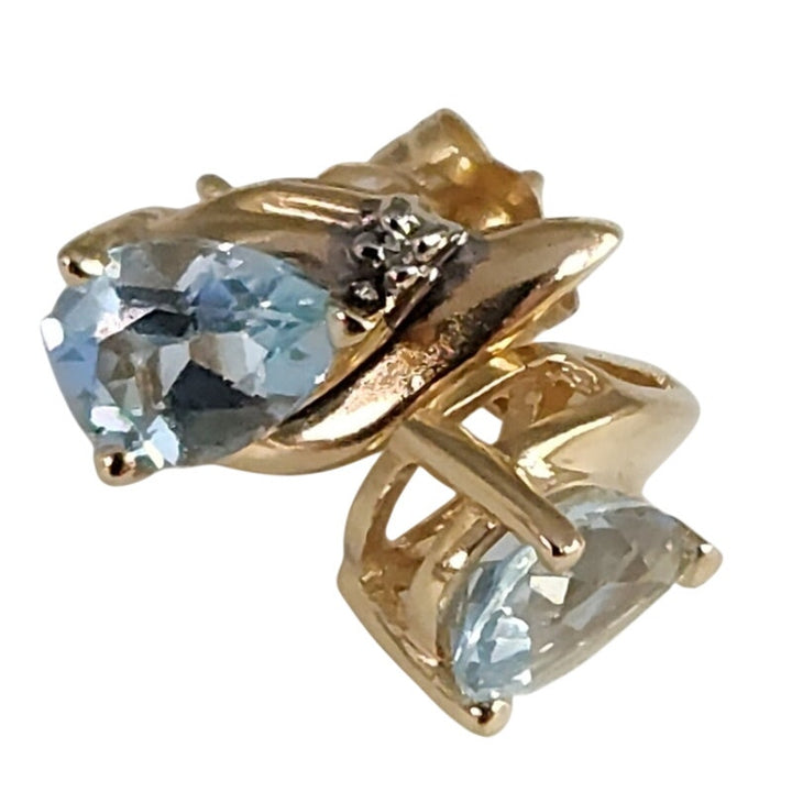 Vintage 14K Gold Natural Aquamarine & Diamond Pear -Cut Stud Earrings