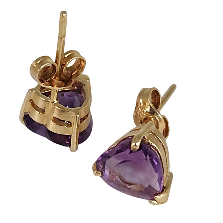 14k Yellow Gold Natural Amethyst Hearts Stud Earrings