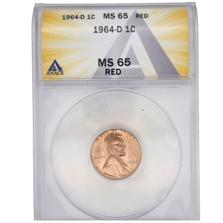 1964-D Lincoln Memorial Cent 1C ANACS MS 65 Red Gem Mint State Denver Copper Coin