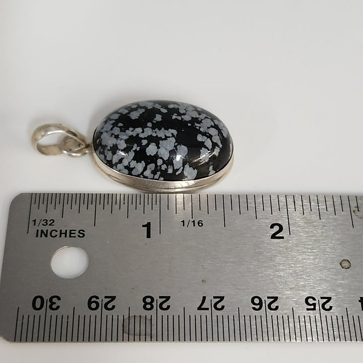 925 Sterling Silver Snowflake Obsidian Oval Pendant