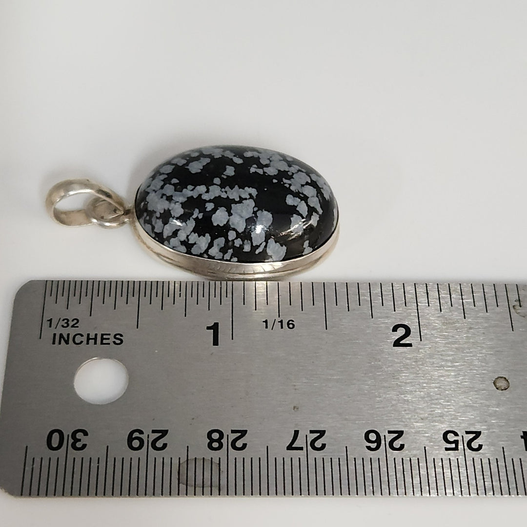 925 Sterling Silver Snowflake Obsidian Oval Pendant
