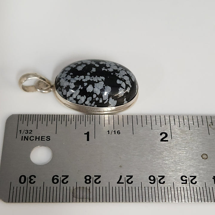 925 Sterling Silver Snowflake Obsidian Oval Pendant
