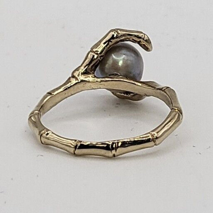 Vintage 14k Gold Natural Grey 7.8MM Pearl Bamboo Style Ring 3.6g, Sz 5.75