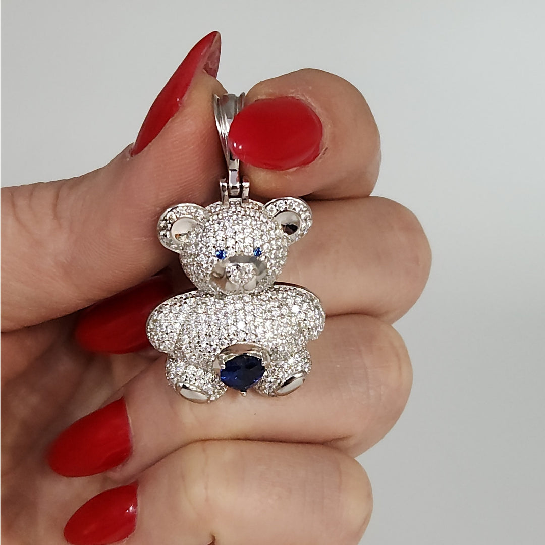 925 Sterling Silver Teddy Bear Pendant With Blue Heart Stone And CZ Accents