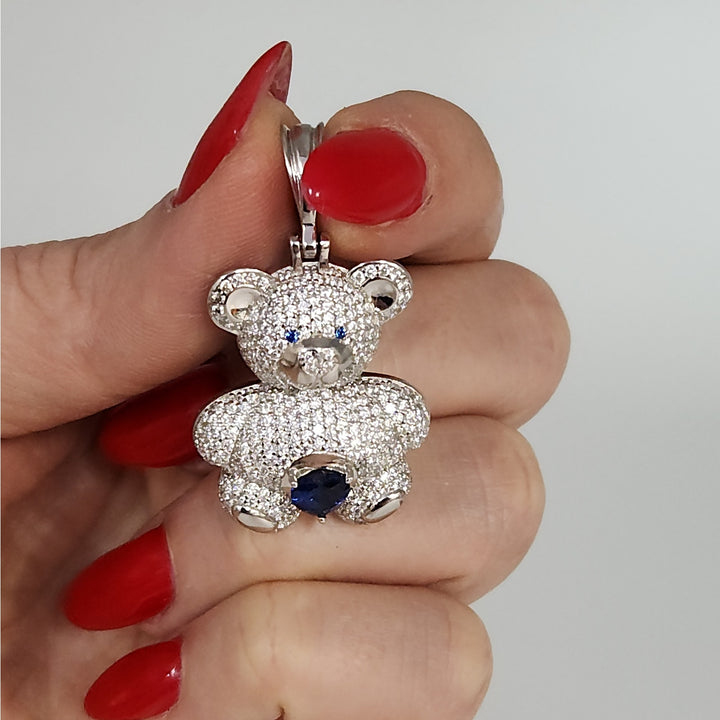 925 Sterling Silver Teddy Bear Pendant With Blue Heart Stone And CZ Accents
