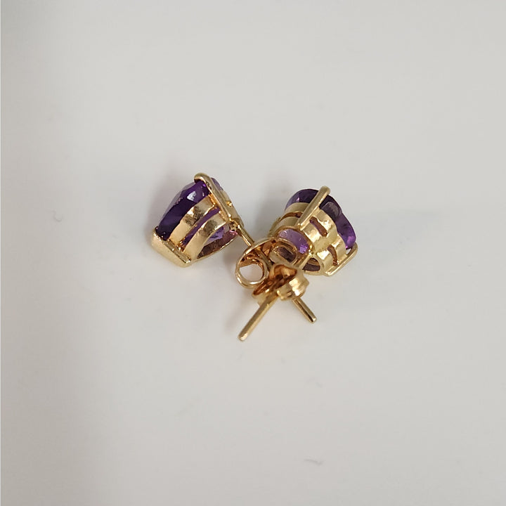14k Yellow Gold Natural Amethyst Hearts Stud Earrings