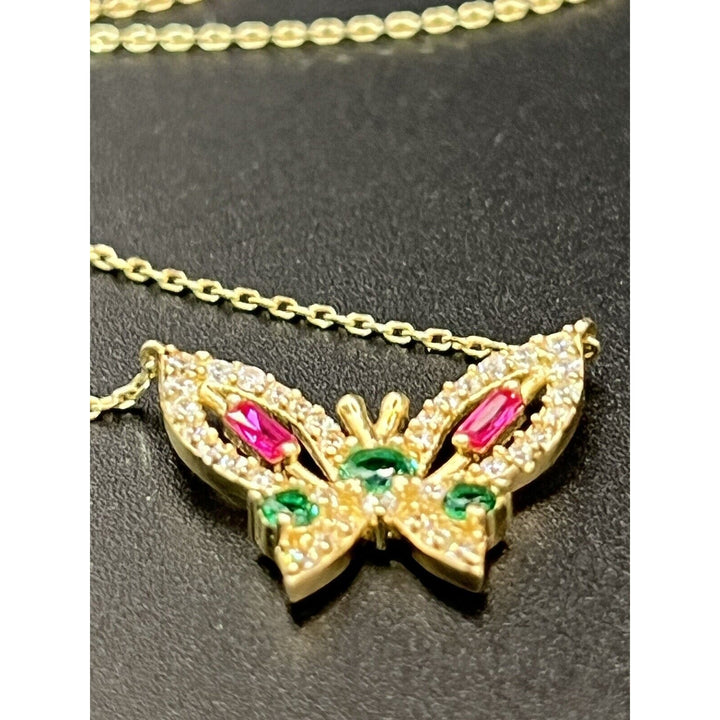 14k Gold Butterfly Multi Colored Gemstone 18in Necklace