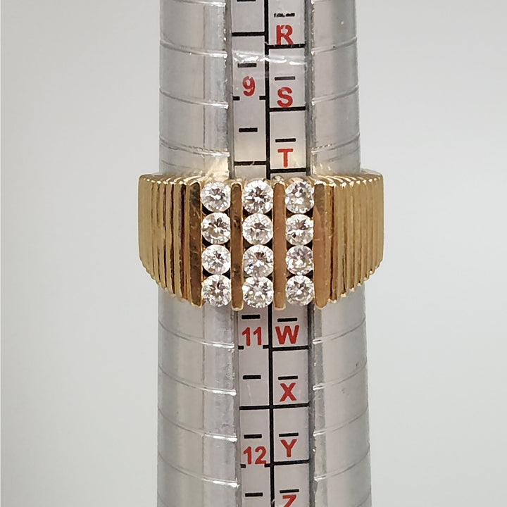 14k Yellow Gold Diamond Wide Ribbed Band Ring Multi Row Round Diamonds Ring