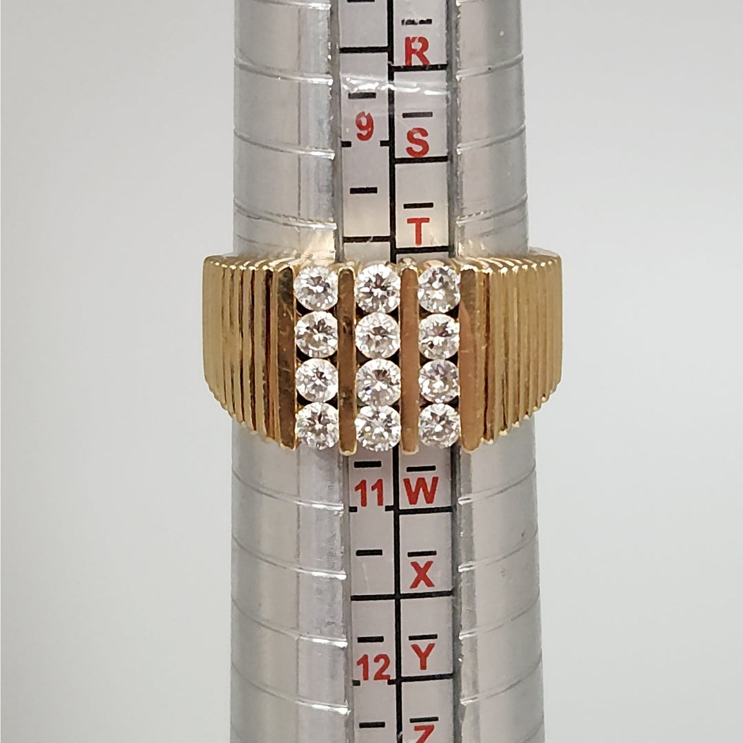 14k Yellow Gold Diamond Wide Ribbed Band Ring Multi Row Round Diamonds Ring