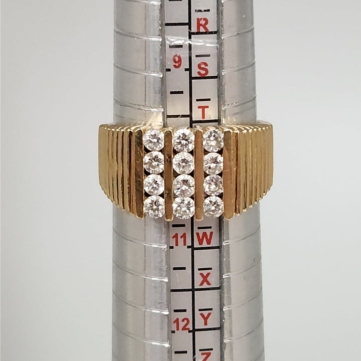 14k Yellow Gold Diamond Wide Ribbed Band Ring Multi Row Round Diamonds Ring