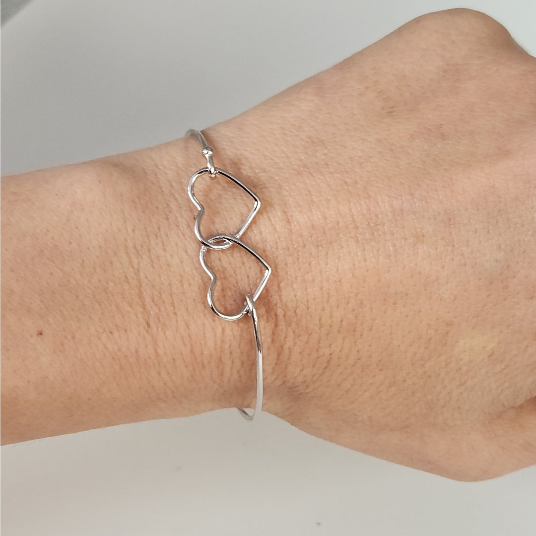 925 Sterling Silver Double Heart Bangle Bracelet