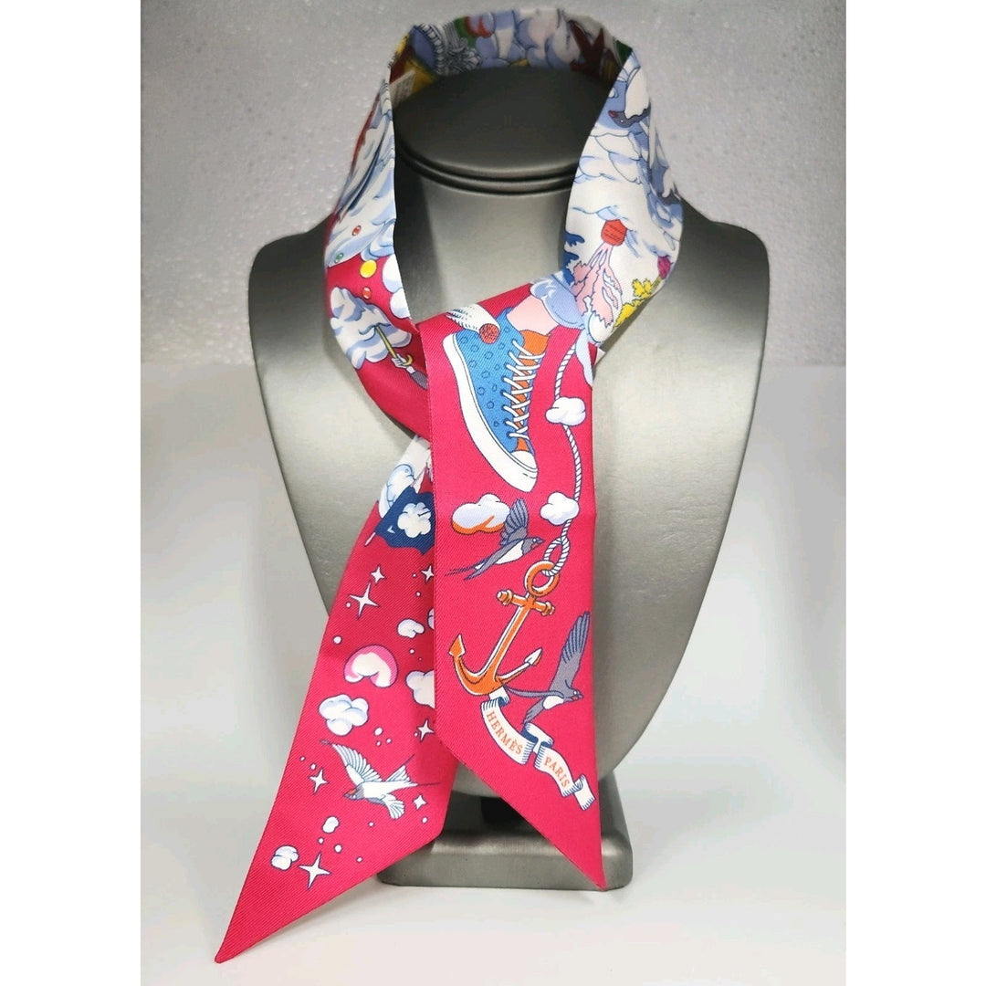 New Hermes Twilly Scarf 100% Silk QU/Fuchsia/Blue/ Multi Color