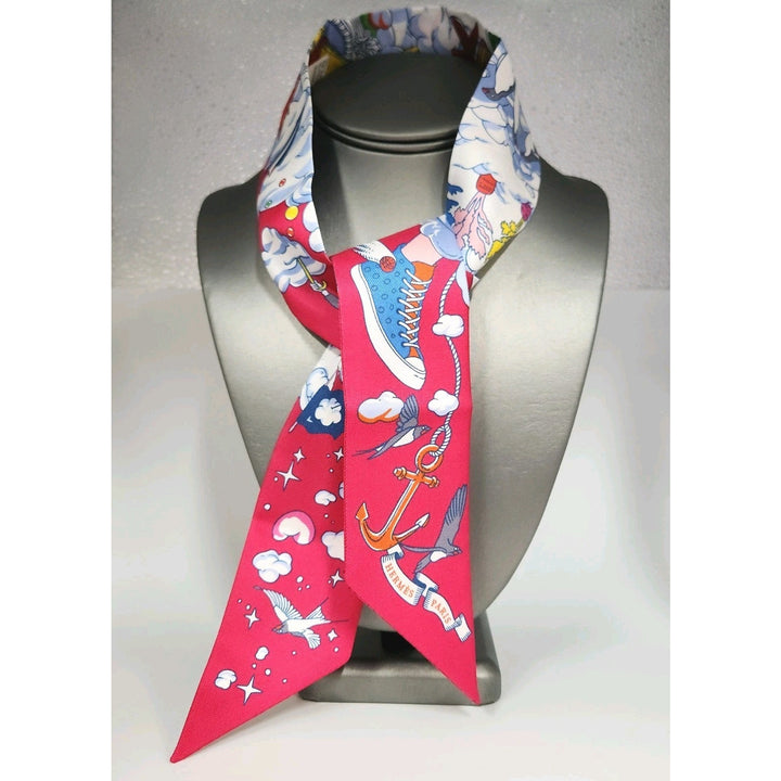 New Hermes Twilly Scarf 100% Silk QU/Fuchsia/Blue/ Multi Color