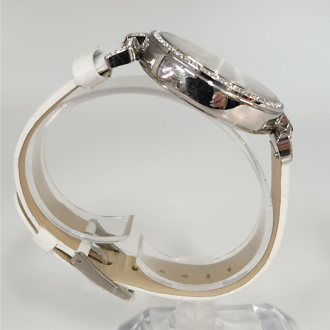 Swarovski Crystal Chronograph Stainless Steel White Leather Strap Watch