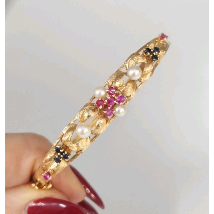 Set Of Antique 14k Yellow Gold Diamond,Pearls,Ruby &Sapphire Bangle Bracelets