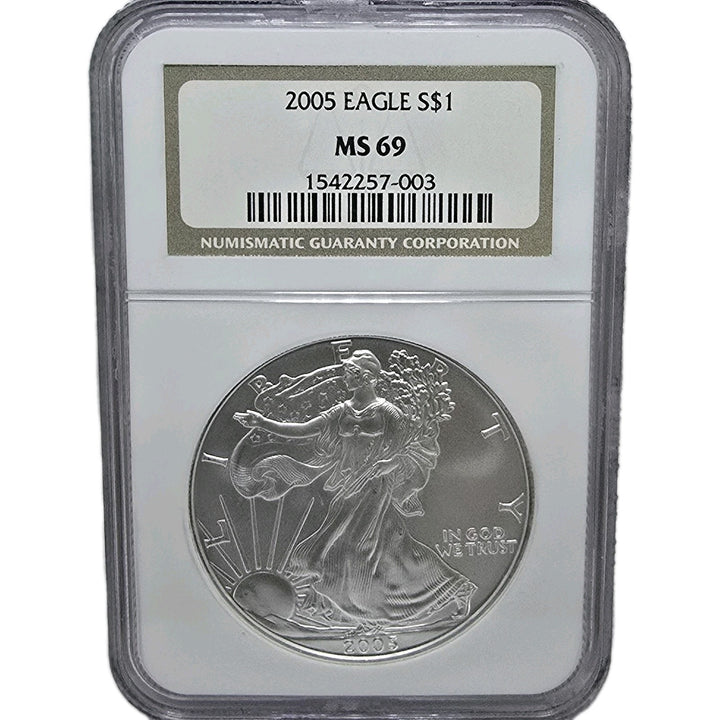 2005 American Silver Eagle, 1 Oz Fine .999 Silver USA Uncirculated $1 NGC MS69