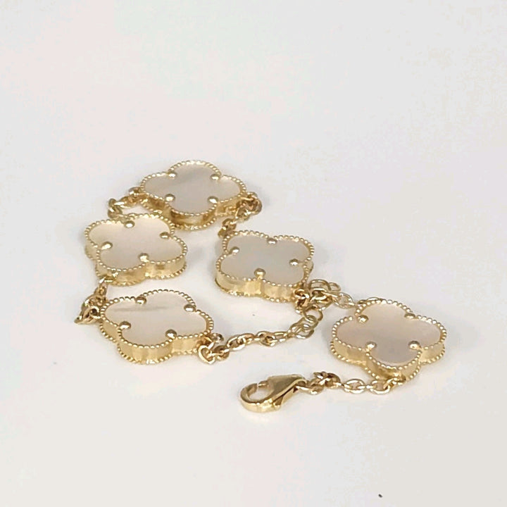 14k Yellow Gold Fashion Mother Of Pearl Flowers Bracelet 7.5"