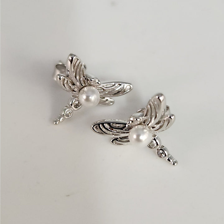 925 Sterling Silver Dragonfly Pearl stud earrings nature inspired vintage style