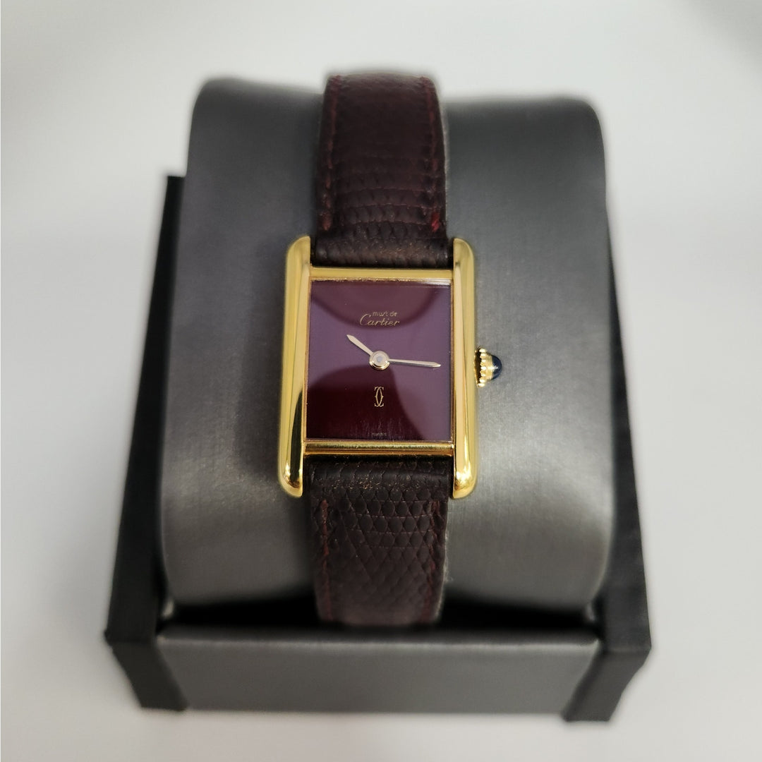 Vintage Cartier Paris Tank Vermeil Quartz Watch  Burgundy Dial Swiss Made