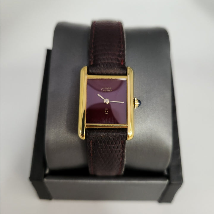 Vintage Cartier Paris Tank Vermeil Quartz Watch  Burgundy Dial Swiss Made
