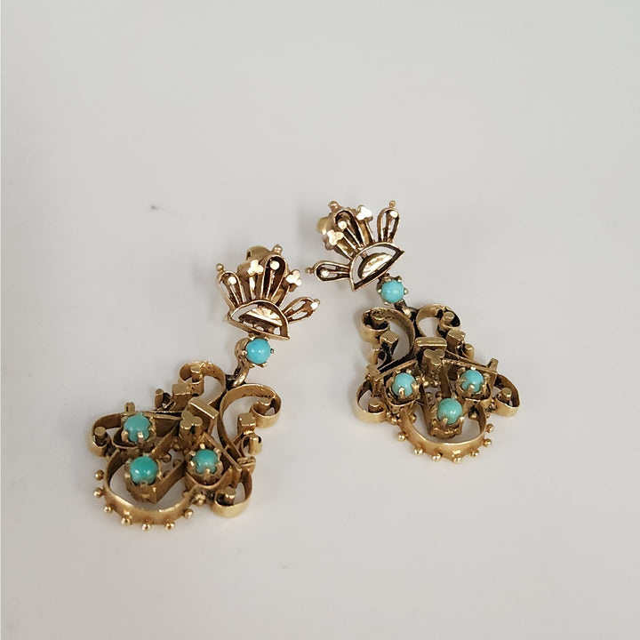 Vintage 14k Yellow Gold & blue Turquoise chandelier Stud Earrings