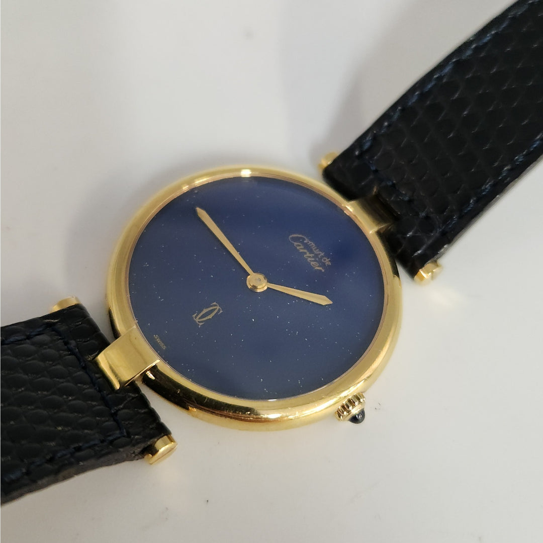 Must de Cartier 30MM Blue Dial Quartz Watch 925 Sterling Silver Gold Plated