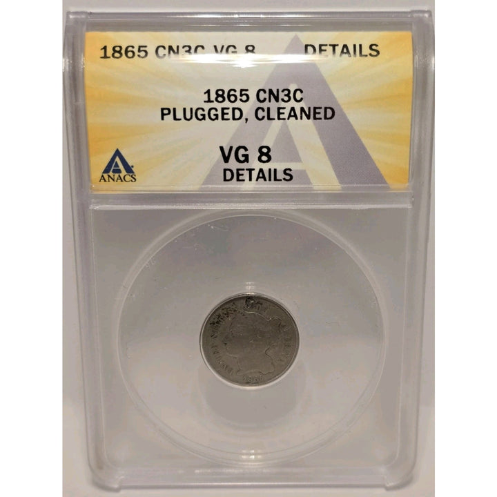 1865 CN3C Three Cent Nickel Three-Cent Piece ANACS VG 8 Details Plugged, Cleaned
