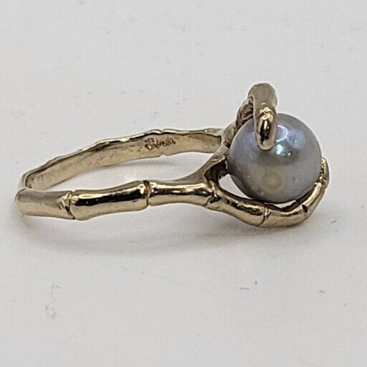 Vintage 14k Gold Natural Grey 7.8MM Pearl Bamboo Style Ring 3.6g, Sz 5.75