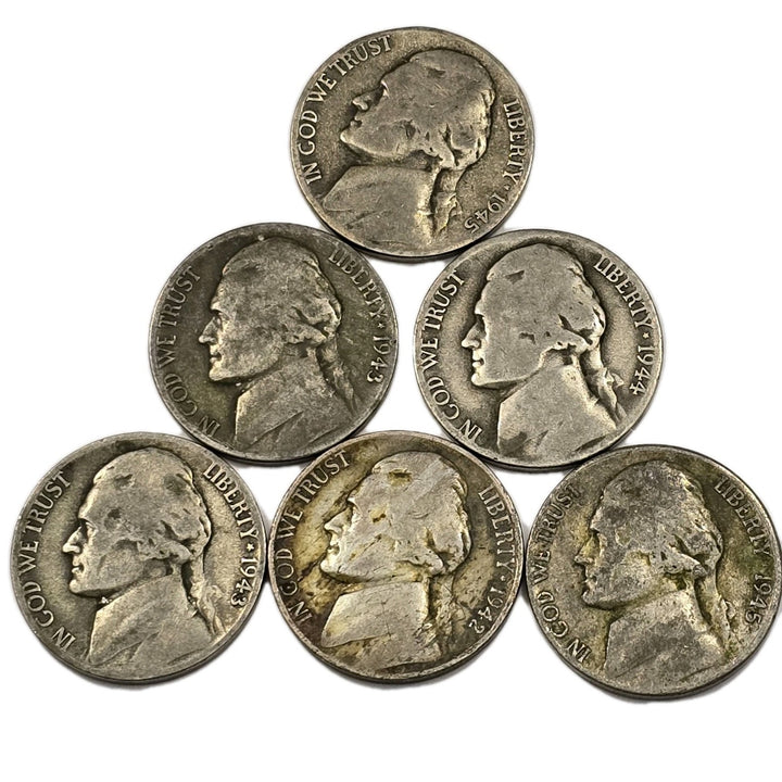 Lot of 6 Jefferson War Nickels 35% silver 1942-1945 Ungraded Circulated 5 Cents