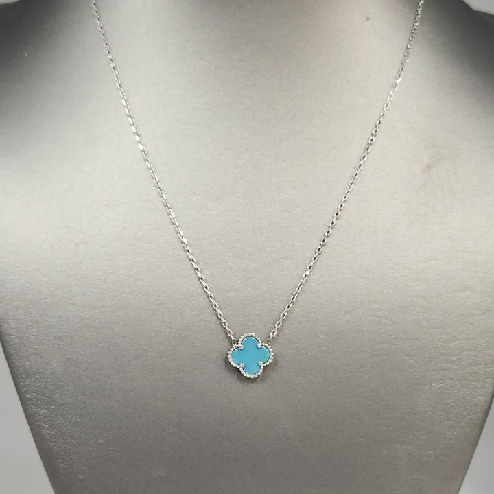 Elegant 925 Sterling Silver Single  Turquoise Clover Pendant Necklace 17.5"