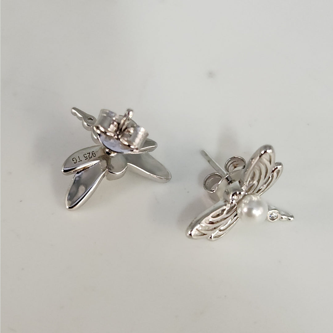 925 Sterling Silver Dragonfly Pearl stud earrings nature inspired vintage style