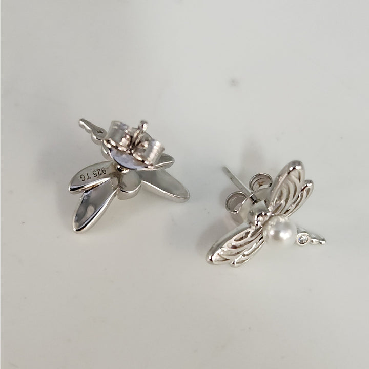 925 Sterling Silver Dragonfly Pearl stud earrings nature inspired vintage style
