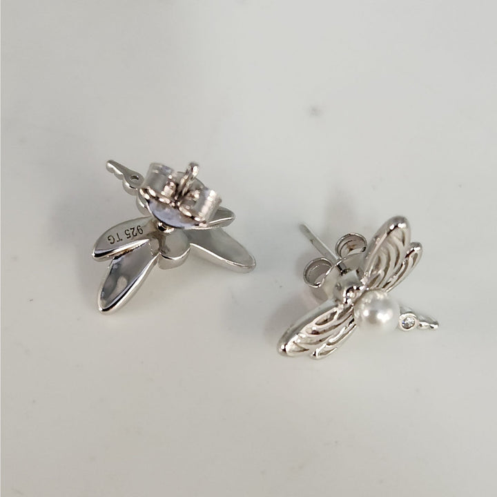925 Sterling Silver Dragonfly Pearl stud earrings nature inspired vintage style