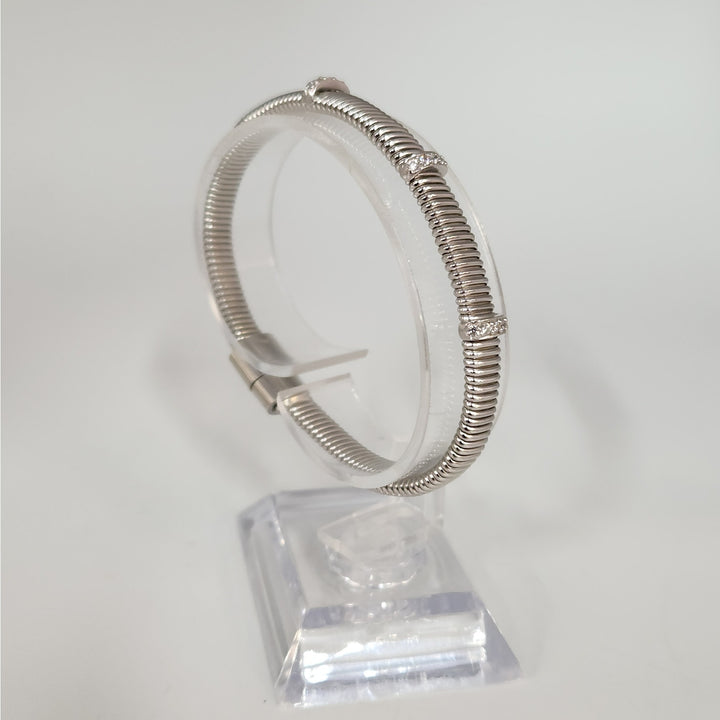 925 Sterling Silver Ribbed Cuff Bracelet with CZ Accents 7.2"
