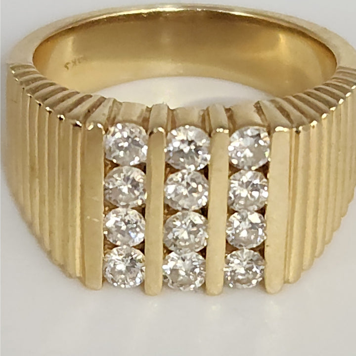 14k Yellow Gold Diamond Wide Ribbed Band Ring Multi Row Round Diamonds Ring