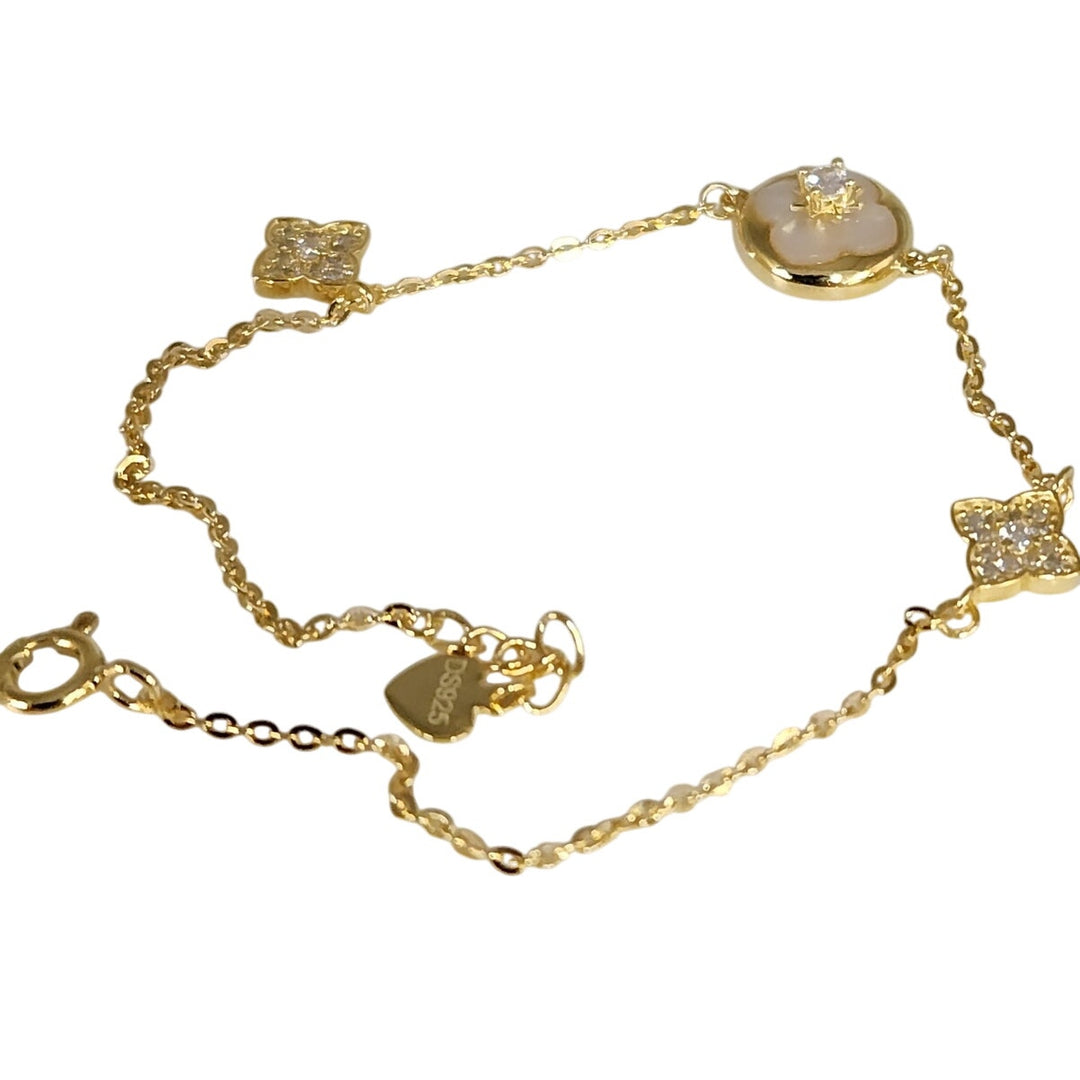 Princess 925 Sterling Silver Gold -Tone mother of Pearl Flower bracelet 7.5"