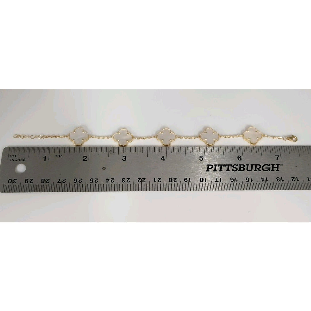 14k Yellow Gold Fashion Mother Of Pearl Flowers Bracelet 7.5"