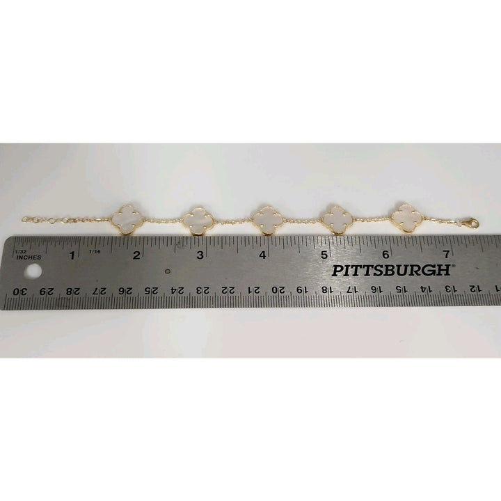 14k Yellow Gold Fashion Mother Of Pearl Flowers Bracelet 7.5"