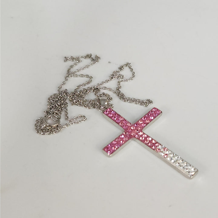 925 Sterling Silver Pink & White Crystal Cross Pendant Necklace 18"