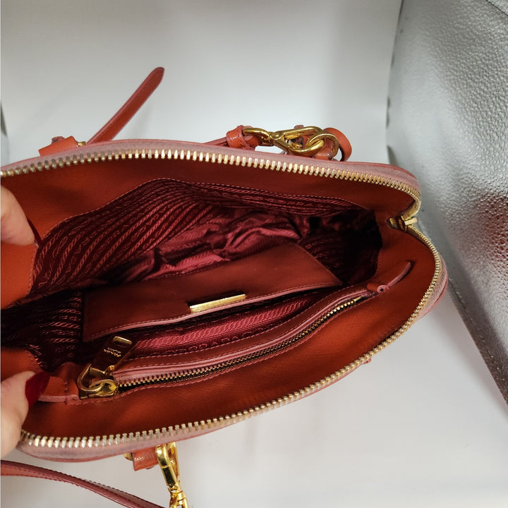 Authentic Prada Orange Saffiano Vernic Handbag w/ Gold Hardware & Shoulder Strap