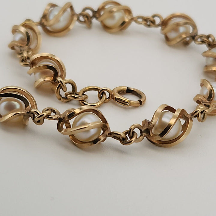 Vintage 14k Yellow Gold Natural Pearl Bracelet 7.2" , 12.7g From The 1950th