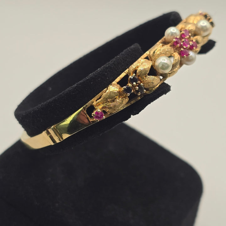 Vintage 14K Yellow Gold Pearl Ruby Sapphire Floral Hinged Bangle 15.6g